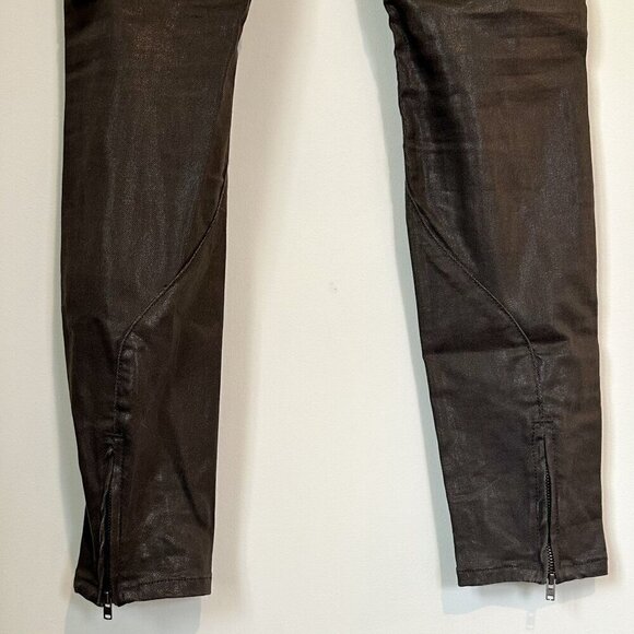 AllSaints Spitalfields Chocolate Brown Wax Coated Zipper Skinny Jeans - Size 27 - Picture 8 of 9